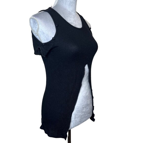 Sweater Knit Button Shirt Size Medium Short Sleeve Crop Top Cut Out Womens 90s S - Picture 1 of 9